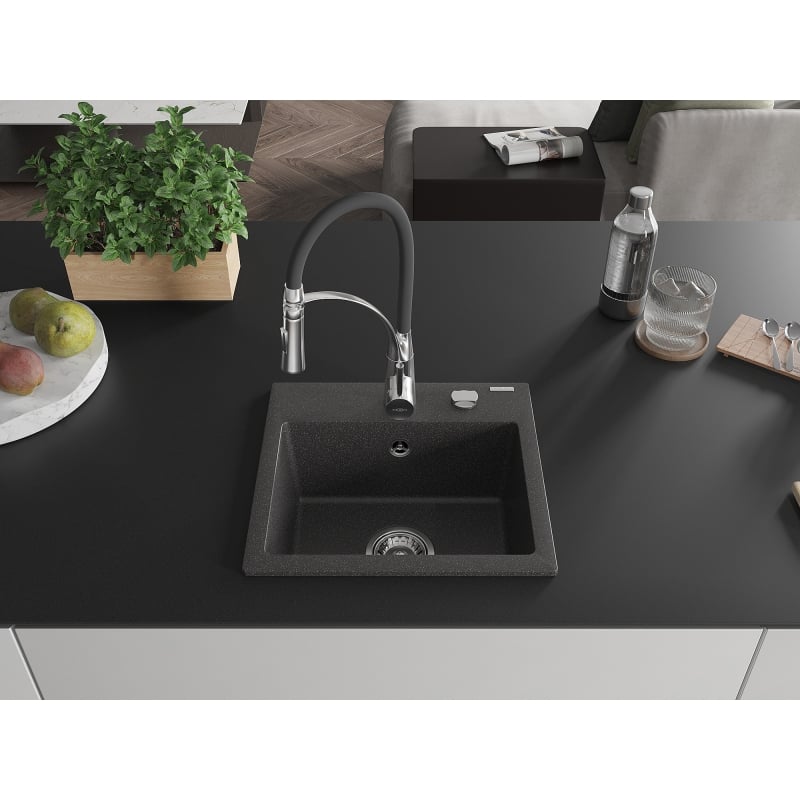 Mexen Milo 1-bowl granite kitchen sink with Aster kitchen faucet, black speckled - 6505-76-73450-07