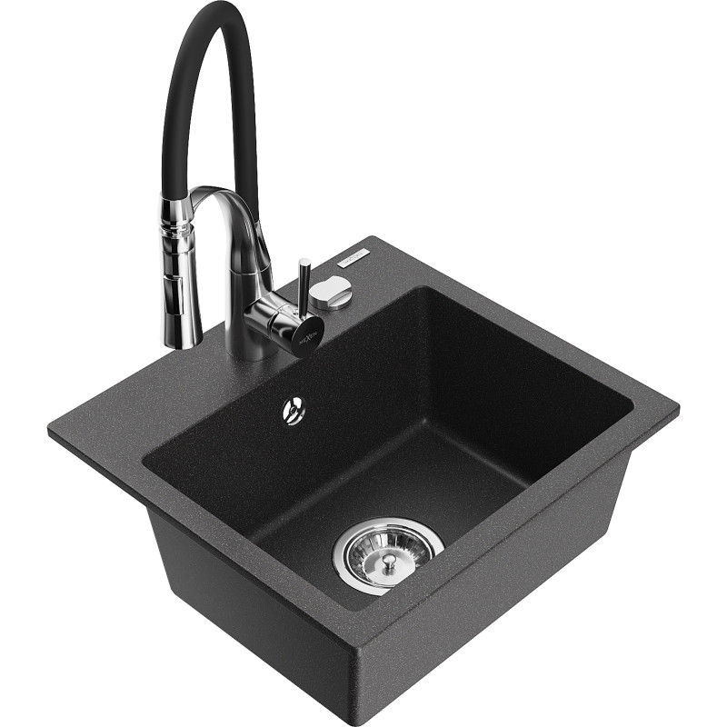 Mexen Milo granite kitchen sink 1-bowl with kitchen faucet Aster, black speckled - 6505-76-73450-07