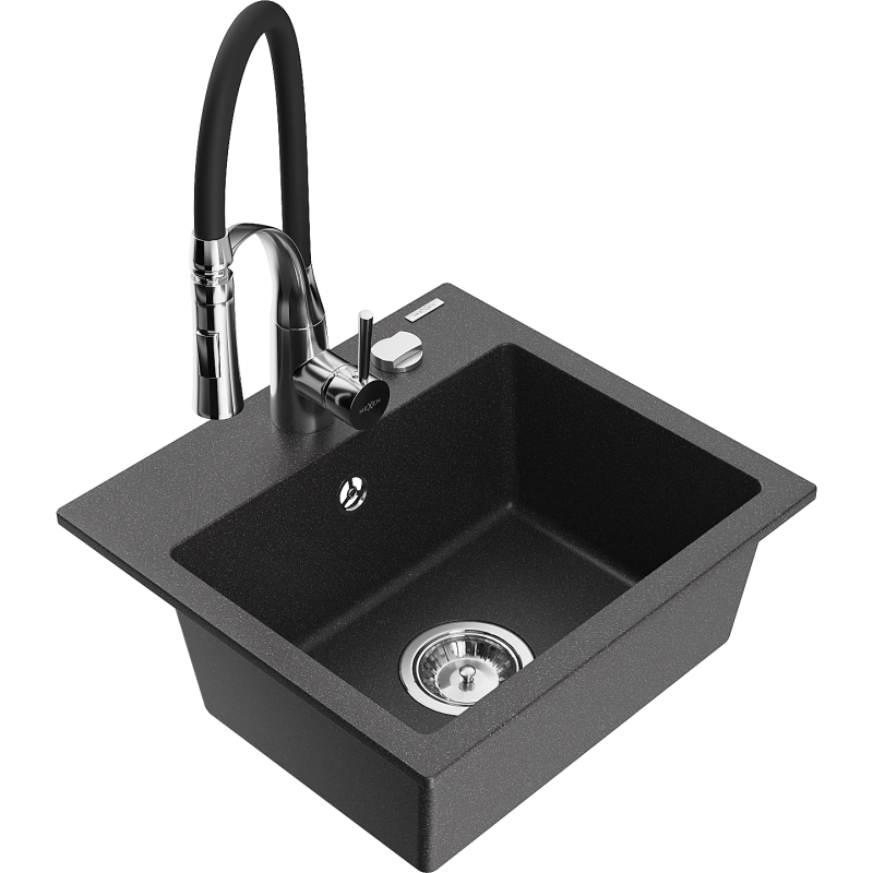 Mexen Milo granite sink 1-bowl with Aster kitchen tap, black speckled - 6505-76-73450-07