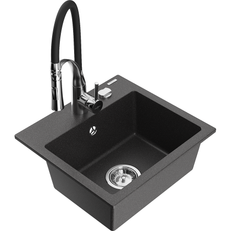 Mexen Milo 1-bowl granite kitchen sink with Aster kitchen faucet, black speckled - 6505-76-73450-07