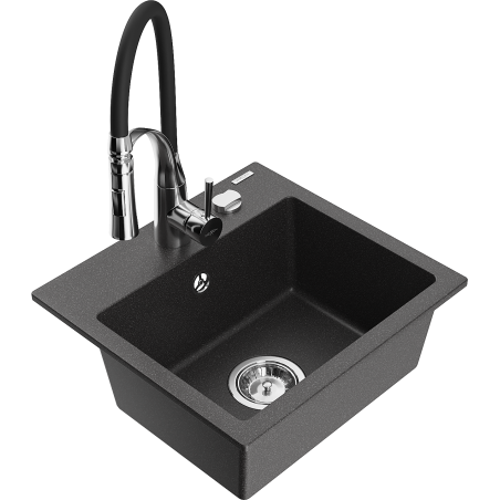 Mexen Milo granite kitchen sink 1-bowl with kitchen faucet Aster, black speckled - 6505-76-73450-07