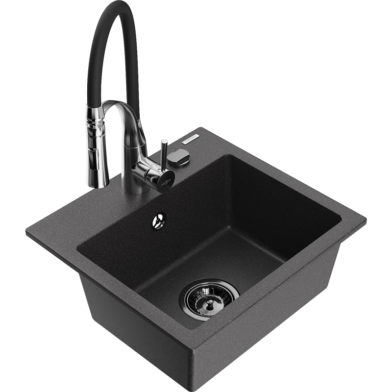 Mexen Milo 1-bowl granite sink with Aster kitchen tap, black speckled - 6505-76-73450-07-B