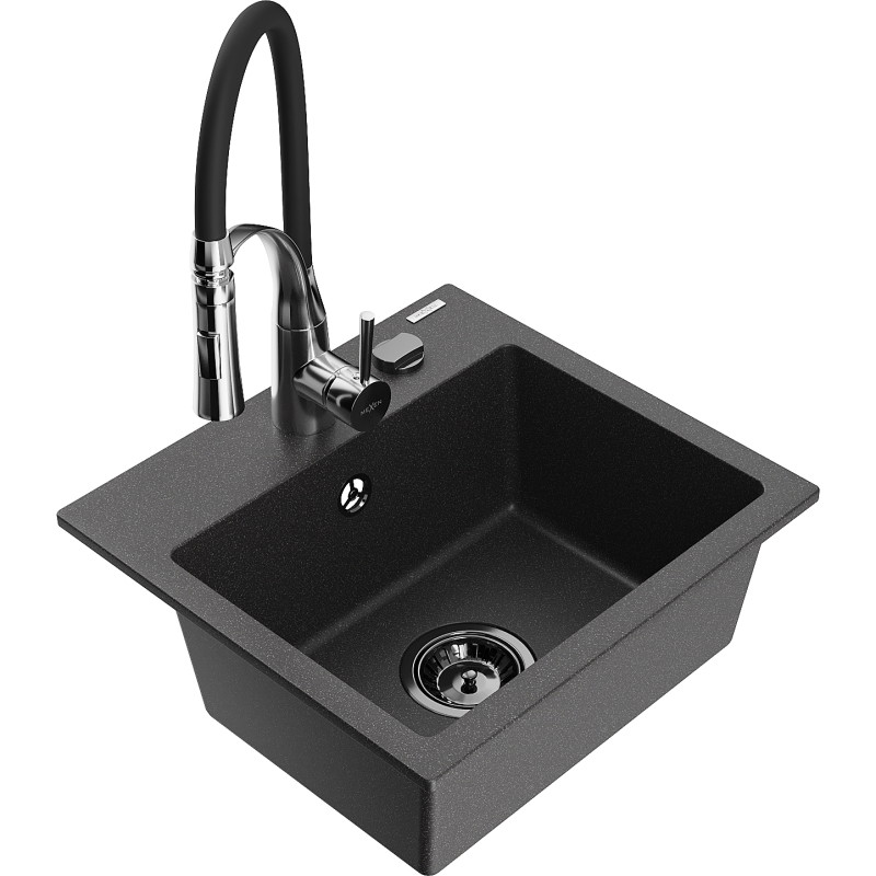 Mexen Milo granite sink 1-bowl with Aster kitchen faucet, speckled black - 6505-76-73450-07-B
