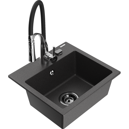 Mexen Milo granite sink 1-bowl with Aster kitchen faucet, speckled black - 6505-76-73450-07-B