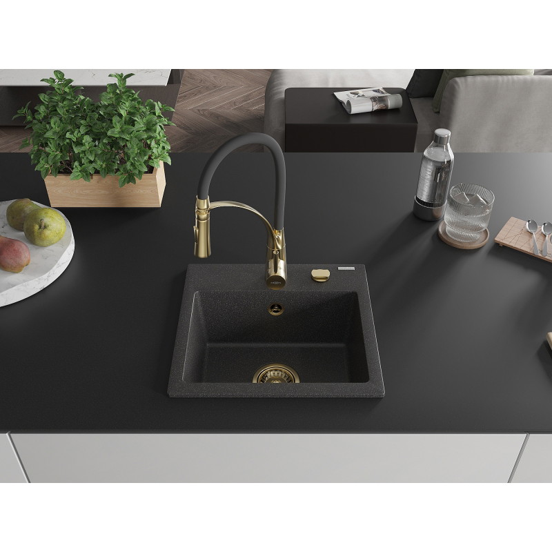Mexen Milo 1-bowl granite sink with Aster kitchen faucet, speckled black - 6505-76-73450-57-G