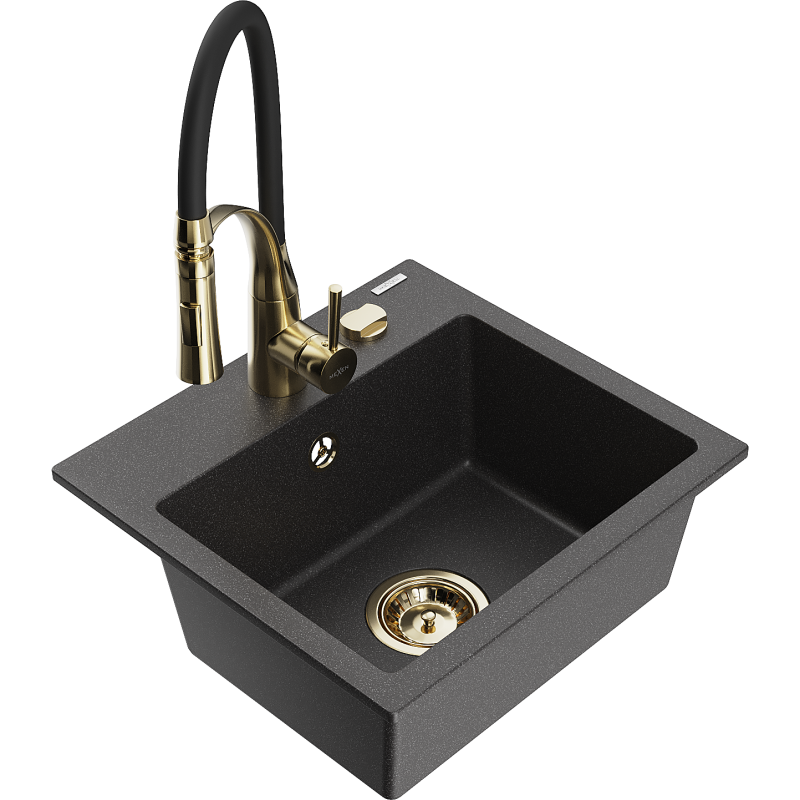 Mexen Milo 1-compartment granite sink with a kitchen mixer tap Aster, spotted black - 6505-76-73450-57-G