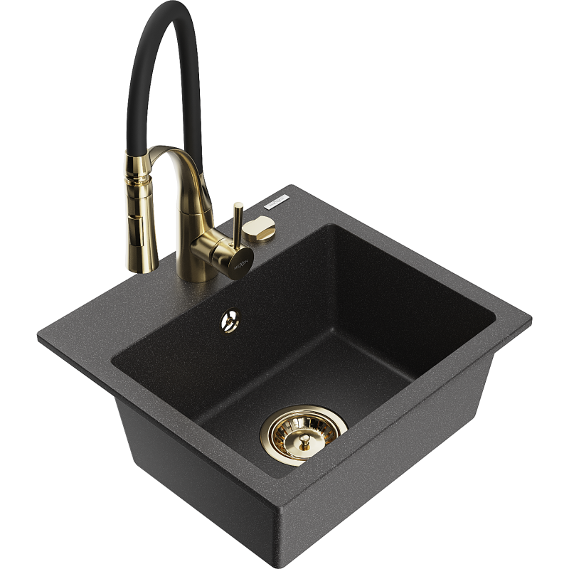 Mexen Milo granite sink, 1-bowl with Aster kitchen tap, speckled black - 6505-76-73450-57-G