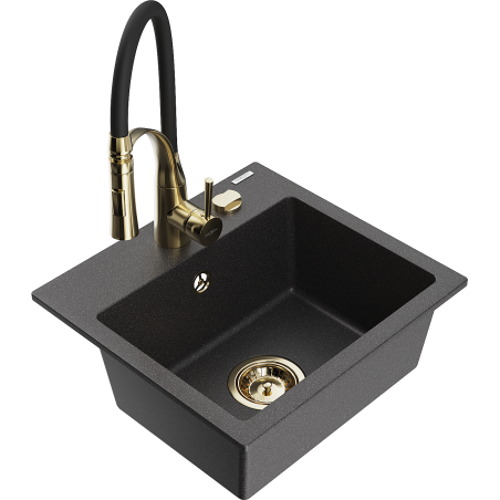 Mexen Milo granite sink, 1-bowl with Aster kitchen tap, speckled black - 6505-76-73450-57-G