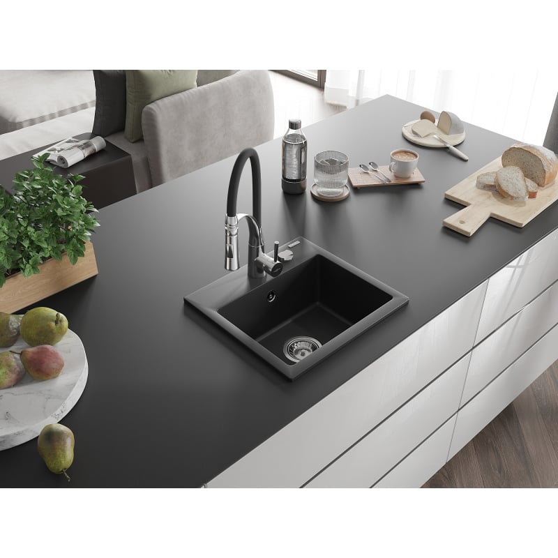 Mexen Milo granite kitchen sink 1-bowl with Aster kitchen faucet, black - 6505-77-73450-07