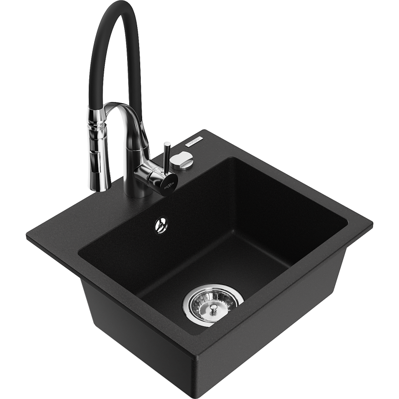 Mexen Milo 1-compartment granite sink with a kitchen mixer tap Aster, Black - 6505-77-73450-07