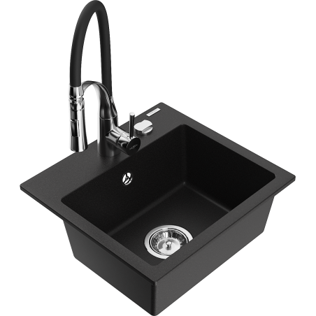 Mexen Milo granite kitchen sink 1-bowl with Aster kitchen faucet, black - 6505-77-73450-07