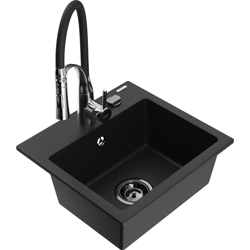 Mexen Milo granite single-bowl kitchen sink with Aster faucet, black - 6505-77-73450-07-B