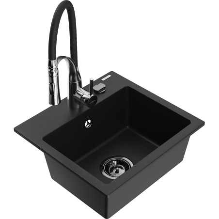 Mexen Milo granite single-bowl kitchen sink with Aster faucet, black - 6505-77-73450-07-B