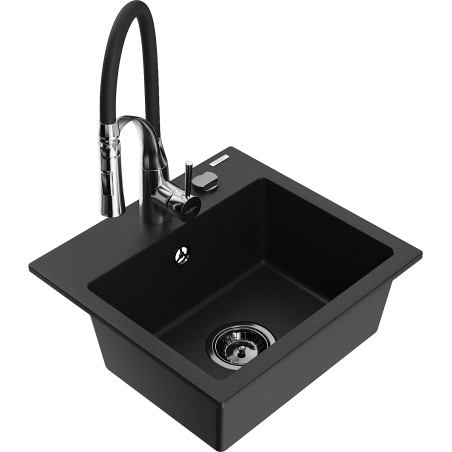 Mexen Milo granite single-bowl sink with Aster kitchen faucet, black - 6505-77-73450-07-B