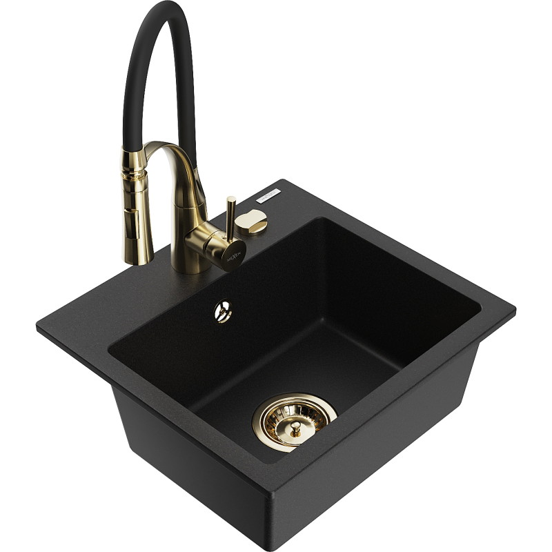 Mexen Milo 1-bowl granite sink with Aster kitchen faucet, black - 6505-77-73450-57-G