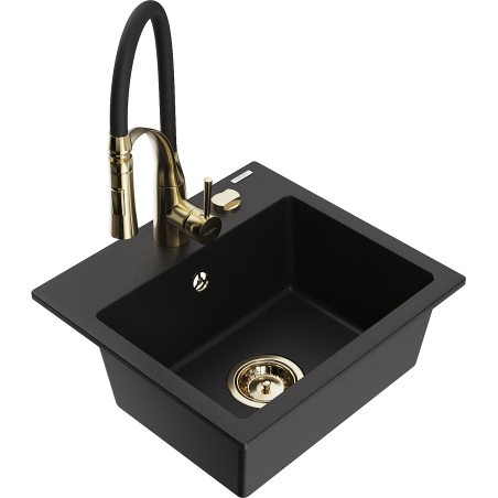 Mexen Milo 1-bowl granite sink with Aster kitchen faucet, black - 6505-77-73450-57-G