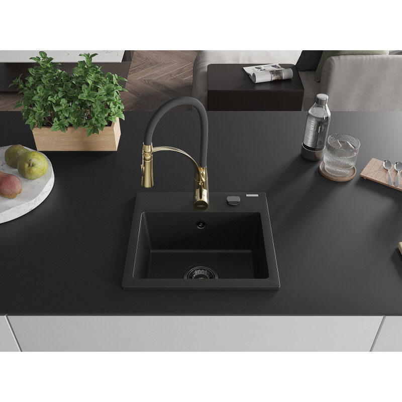 Mexen Milo 1-bowl granite sink with Aster kitchen tap, black - 6505-77-73450-57-B
