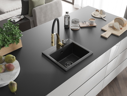Mexen Milo 1-compartment granite sink with a kitchen mixer tap Aster, Black - 6505-77-73450-57-B