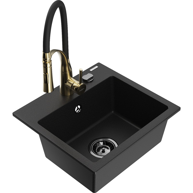 Mexen Milo 1-bowl granite sink with Aster kitchen faucet, black - 6505-77-73450-57-B