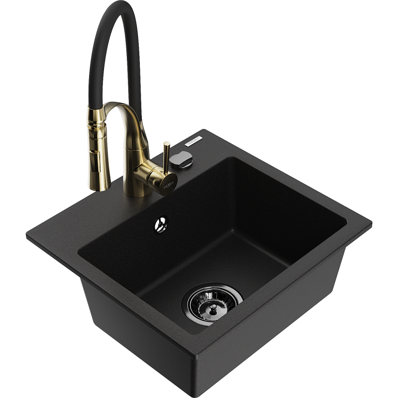 Mexen Milo 1-compartment granite sink with a kitchen mixer tap Aster, Black - 6505-77-73450-57-B