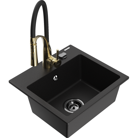 Mexen Milo 1-bowl granite sink with Aster kitchen faucet, black - 6505-77-73450-57-B