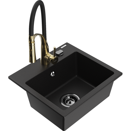 Mexen Milo 1-bowl granite sink with Aster kitchen tap, black - 6505-77-73450-57-B