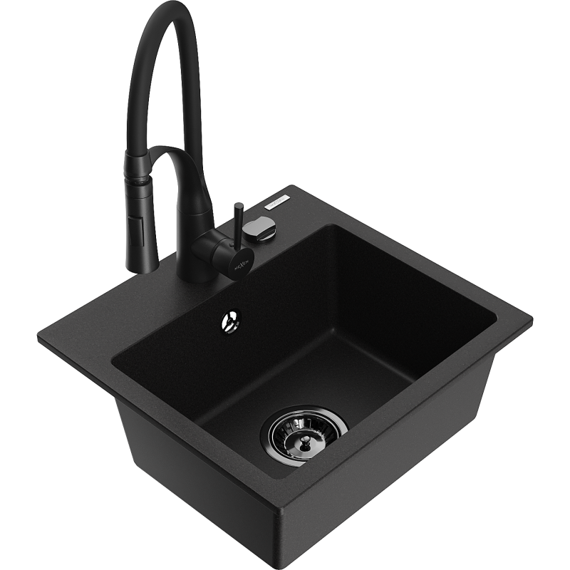 Mexen Milo 1-compartment granite sink with a kitchen mixer tap Aster, Black - 6505-77-73450-70-B