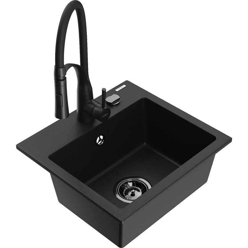 Mexen Milo granite sink 1-bowl with Aster kitchen tap, black - 6505-77-73450-70-B