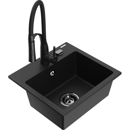 Mexen Milo granite kitchen sink 1-bowl with Aster kitchen faucet, black - 6505-77-73450-70-B