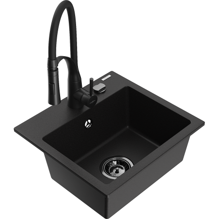 Mexen Milo granite sink 1-bowl with Aster kitchen tap, black - 6505-77-73450-70-B