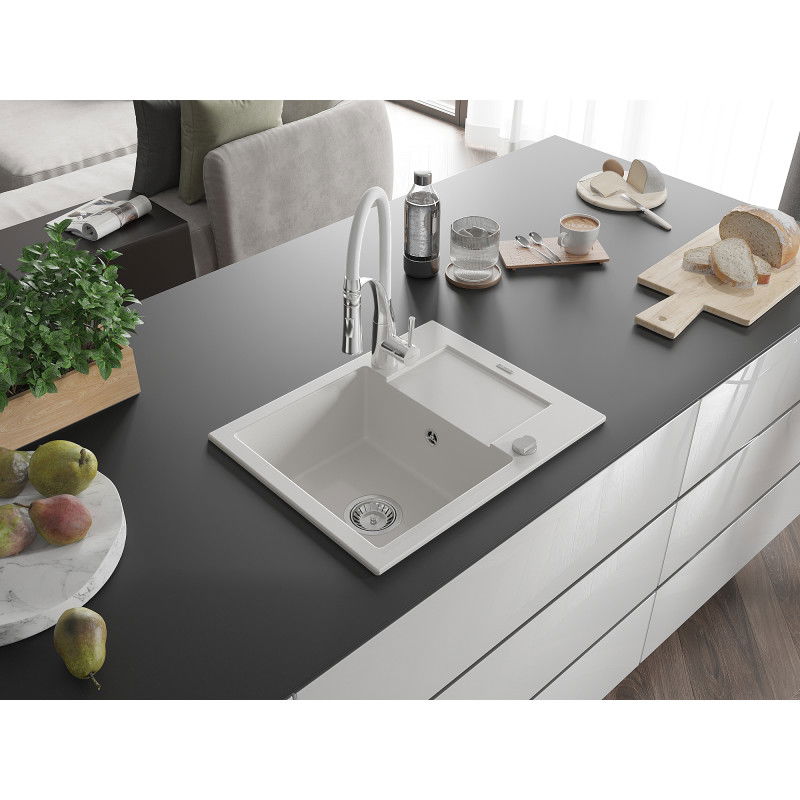 Mexen Enzo single-bowl granite sink with drainer and Aster kitchen tap, white - 6506-20-73450-02