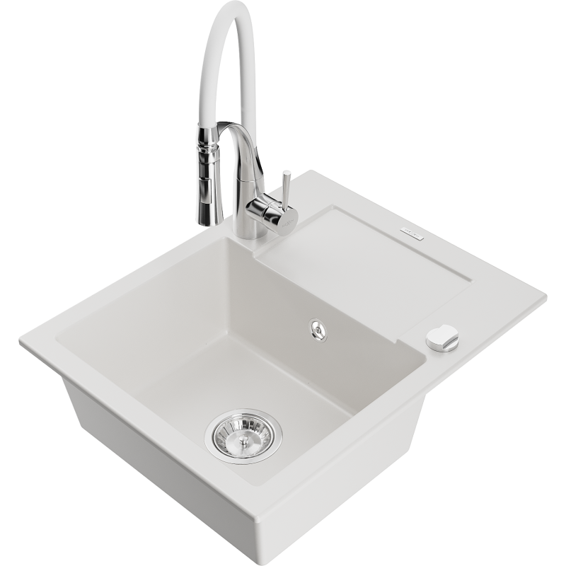 Mexen Enzo 1-compartment granite sink with a drip tray and kitchen mixer tap Aster, White - 6506-20-73450-02