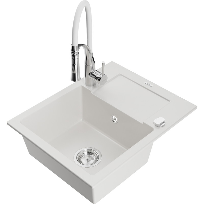 Mexen Enzo granite kitchen sink 1-bowl with drainer and Aster kitchen faucet, white - 6506-20-73450-02
