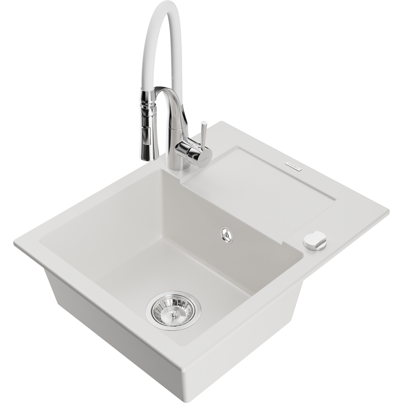 Mexen Enzo single-bowl granite sink with drainer and Aster kitchen tap, white - 6506-20-73450-02