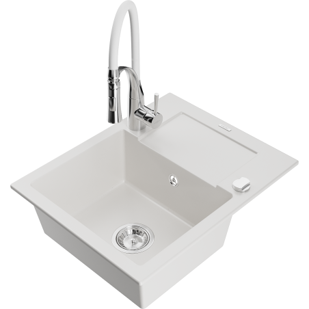 Mexen Enzo granite kitchen sink 1-bowl with drainer and Aster kitchen faucet, white - 6506-20-73450-02
