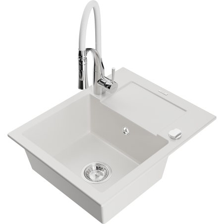 Mexen Enzo single-bowl granite sink with drainer and Aster kitchen tap, white - 6506-20-73450-02