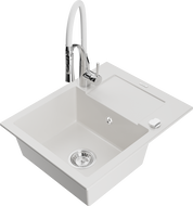 Mexen Enzo 1-compartment granite sink with a drip tray and kitchen mixer tap Aster, White - 6506-20-73450-02