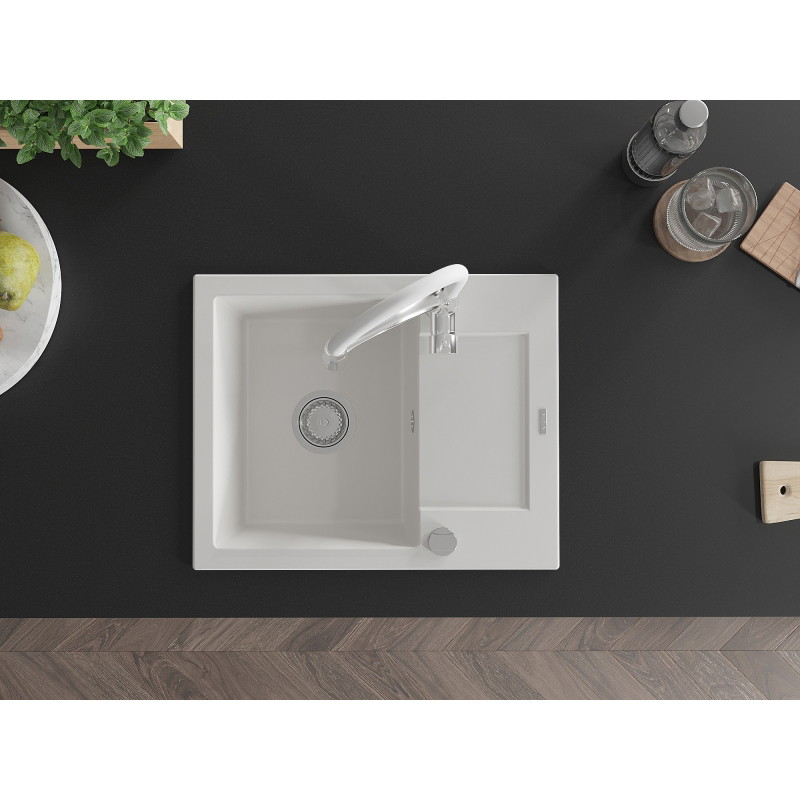 Mexen Enzo granite kitchen sink 1-bowl with drainer and Aster kitchen faucet, white - 6506-20-73450-02