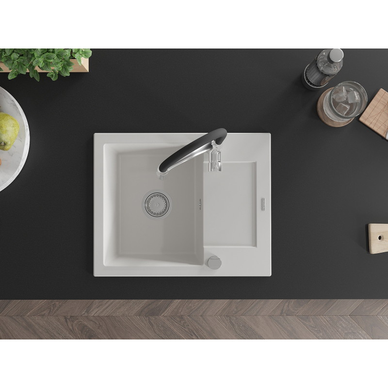 Mexen Enzo granite kitchen sink 1-bowl with drainer and Aster kitchen faucet, white - 6506-20-73450-07