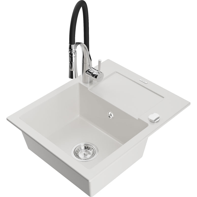Mexen Enzo 1-compartment granite sink with a drip tray and kitchen mixer tap Aster, White - 6506-20-73450-07