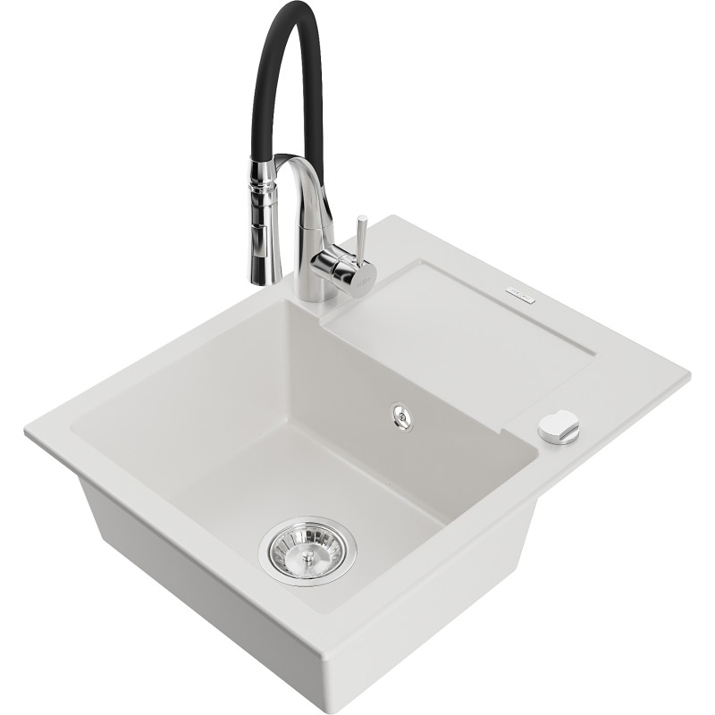 Mexen Enzo granit sink 1-bowl with drainer and kitchen faucet Aster, white - 6506-20-73450-07