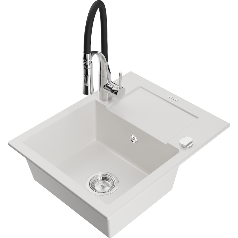 Mexen Enzo single-bowl granite sink with drainer and Aster kitchen tap, white - 6506-20-73450-07