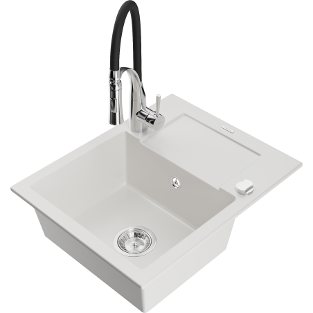 Mexen Enzo 1-compartment granite sink with a drip tray and kitchen mixer tap Aster, White - 6506-20-73450-07