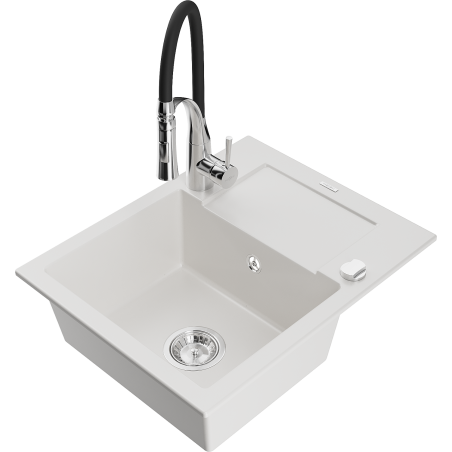 Mexen Enzo single-bowl granite sink with drainer and Aster kitchen tap, white - 6506-20-73450-07