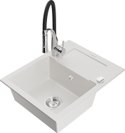 Mexen Enzo granite kitchen sink 1-bowl with drainer and Aster kitchen faucet, white - 6506-20-73450-07