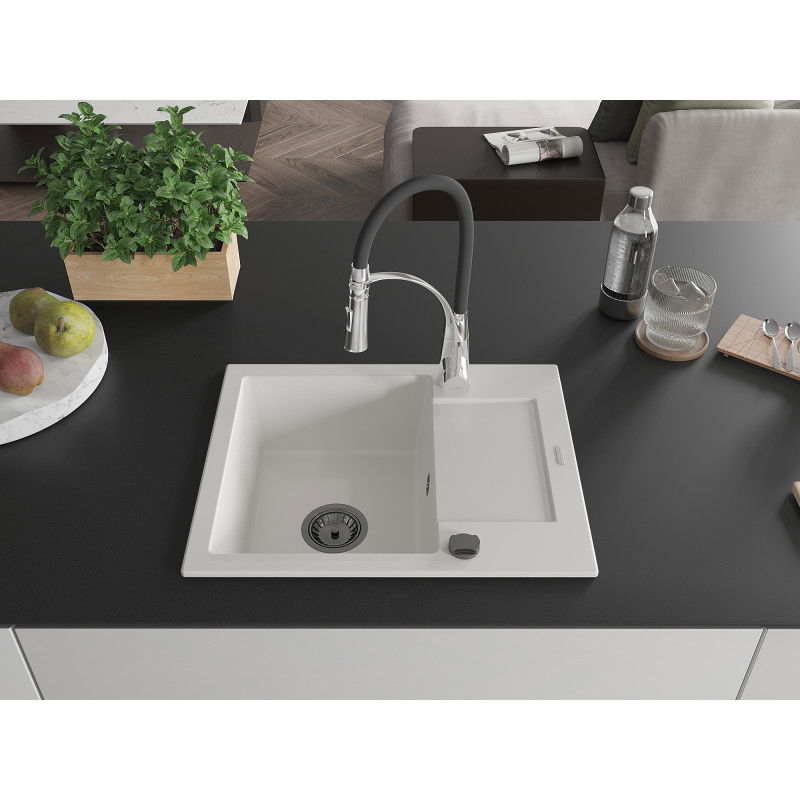 Mexen Enzo 1-bowl granite sink with drainer and Aster kitchen tap, white - 6506-20-73450-07-B