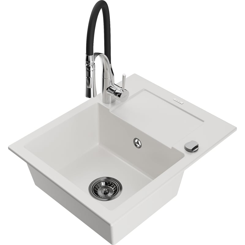Mexen Enzo granite kitchen sink 1-bowl with drainer and Aster kitchen faucet, white - 6506-20-73450-07-B