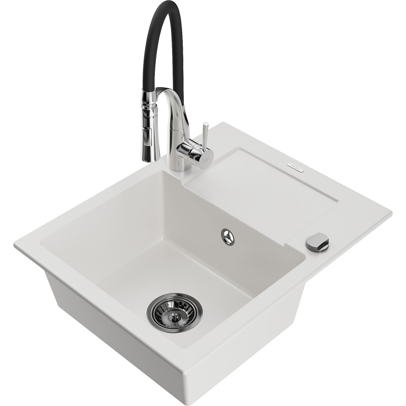 Mexen Enzo granite kitchen sink 1-bowl with drainer and kitchen faucet Aster, white - 6506-20-73450-07-B