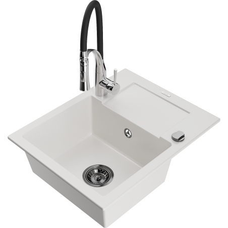 Mexen Enzo granite kitchen sink 1-bowl with drainer and Aster kitchen faucet, white - 6506-20-73450-07-B