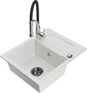 Mexen Enzo granite kitchen sink 1-bowl with drainer and Aster kitchen faucet, white - 6506-20-73450-07-B